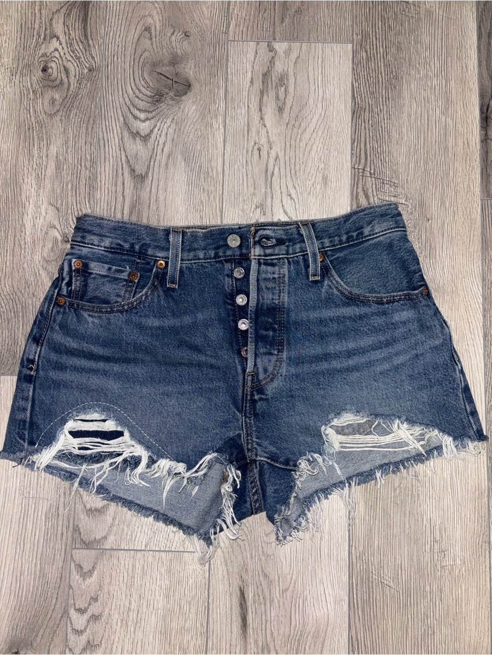 Levi’s 501 Dark Blue Distressed High-Waist Denim Shorts